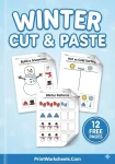 Cover page for 12 free winter cut and paste worksheets PDF