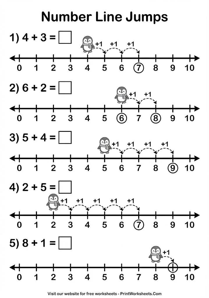 Winter number line addition worksheet for kindergarten.