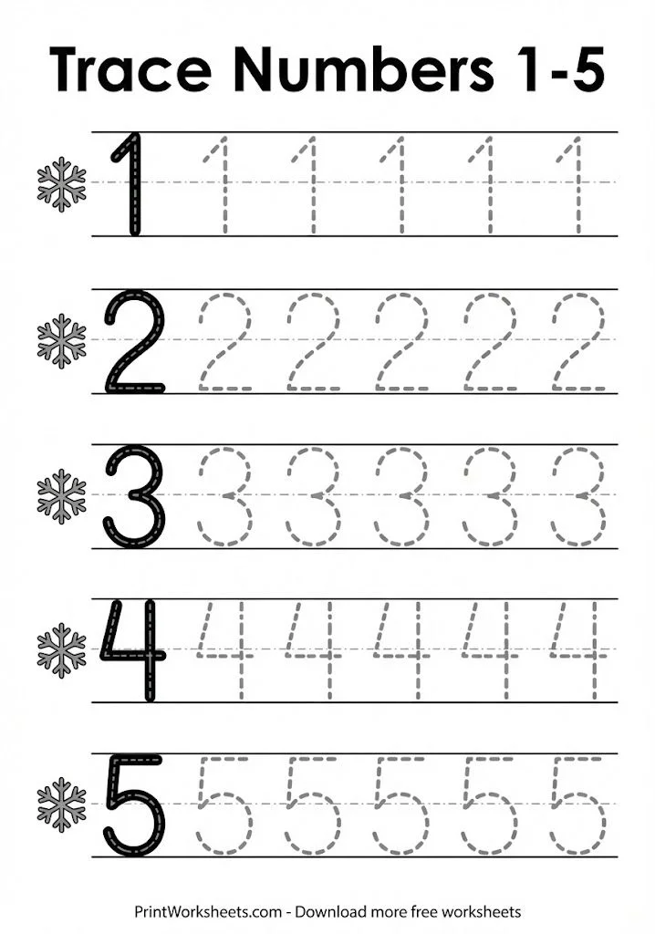 Tracing numbers 1-5 winter worksheet