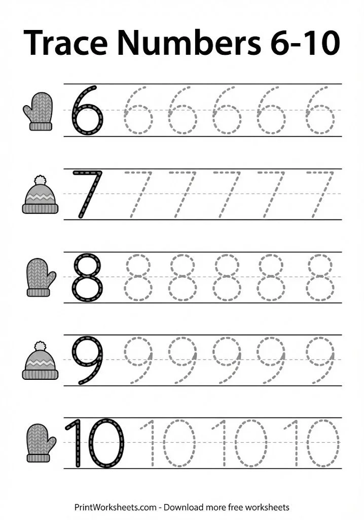 Matching dots to numbers mitten worksheet