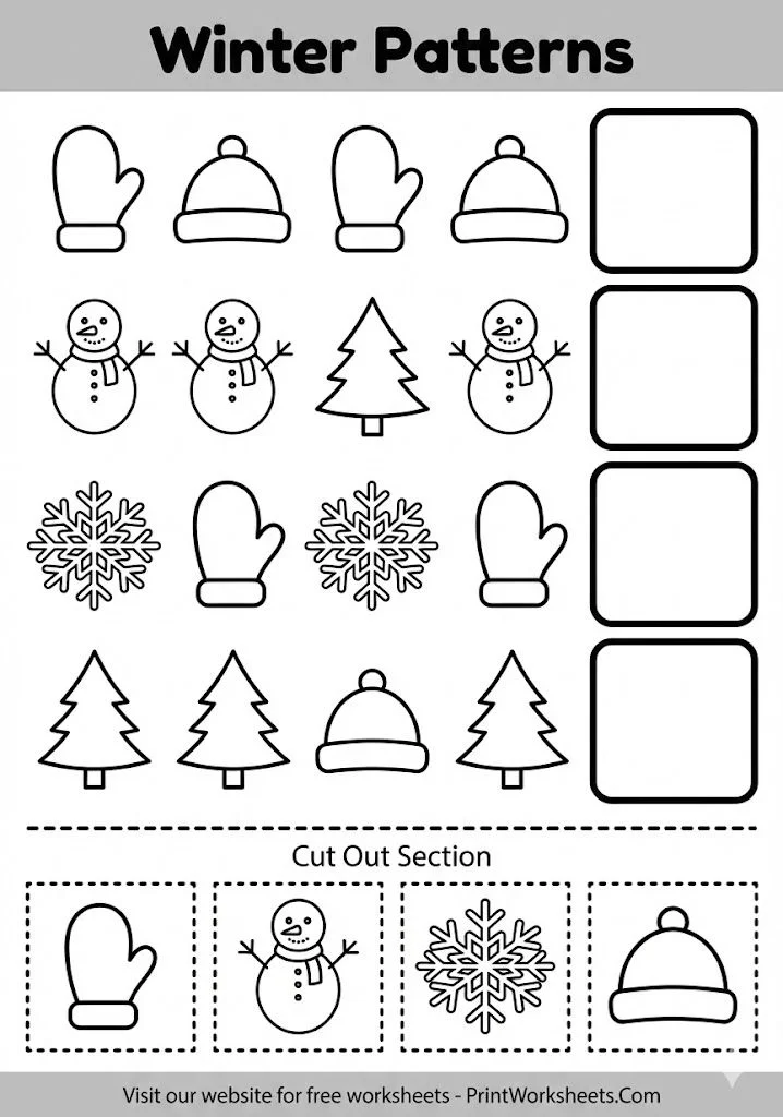 Winter patterns cut and paste activity for kindergarten.