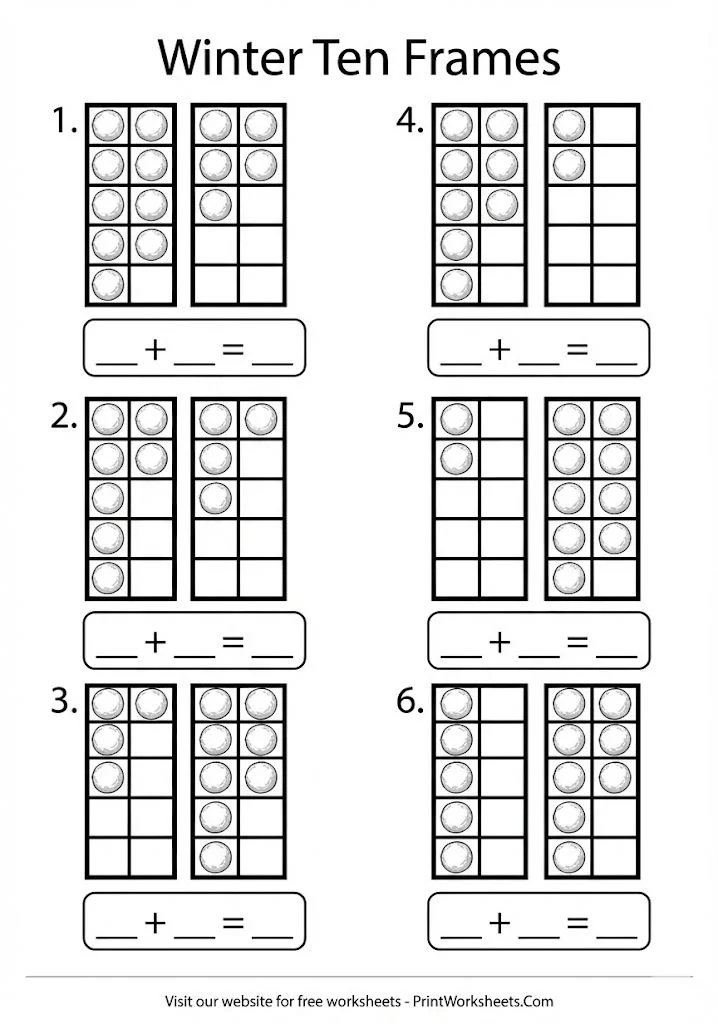 Winter ten frame addition worksheet with snowballs