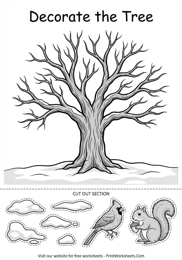 Decorate the winter tree cut and paste worksheet.