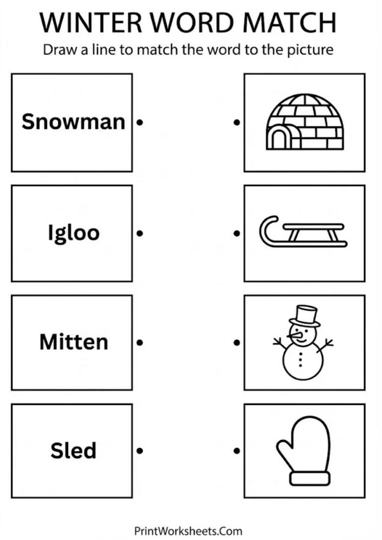 Match winter words to pictures worksheet