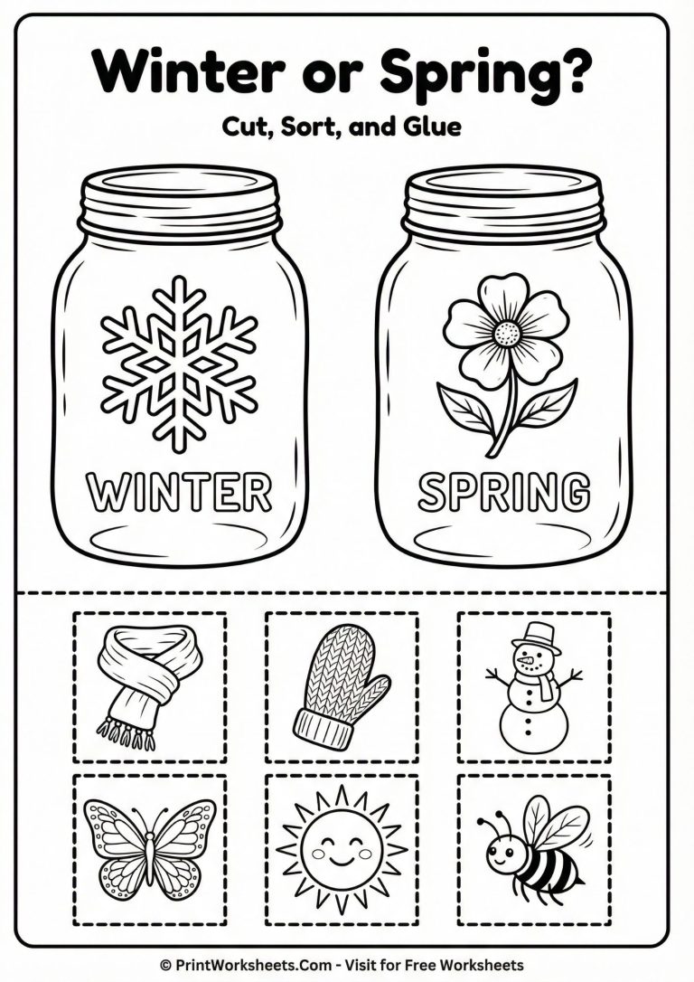 Winter and Spring season sorting worksheet for kindergarten science