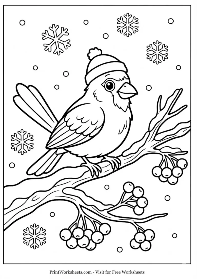 winter_bird_on_branch_winter_coloring_printworksheets.com Winter bird on snowy branch coloring page for kids