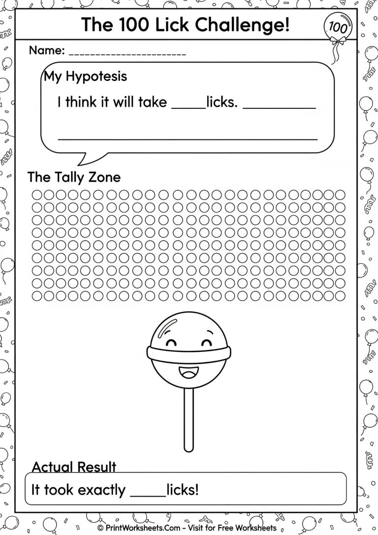 100th Day of School 100 licks challenge worksheet