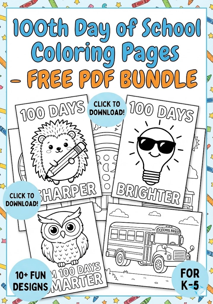 100th Day of School Coloring Pages Free | Printable & Fun Activity Bundle - Worksheet Image