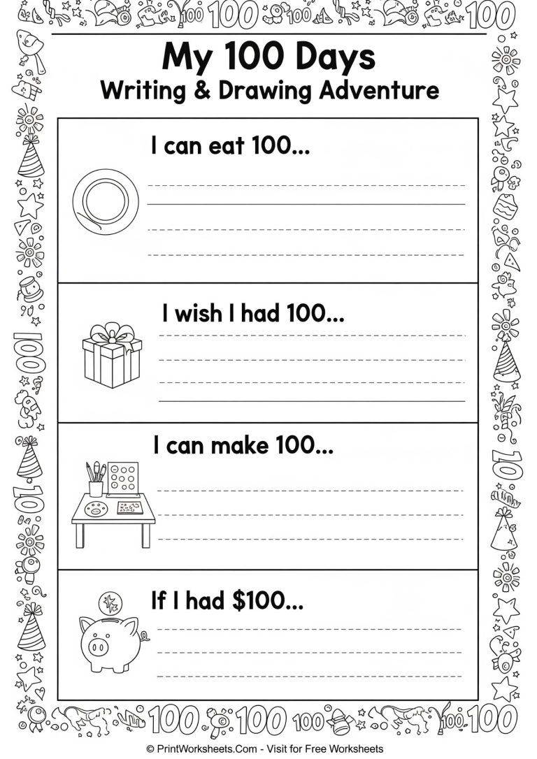 100th Day of School writing and drawing worksheet for Kindergarten