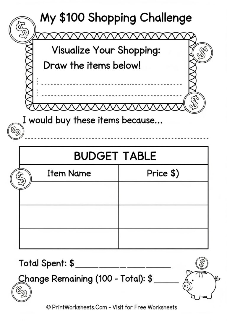 100th day of school 100 dollar shopping challenge budget worksheet