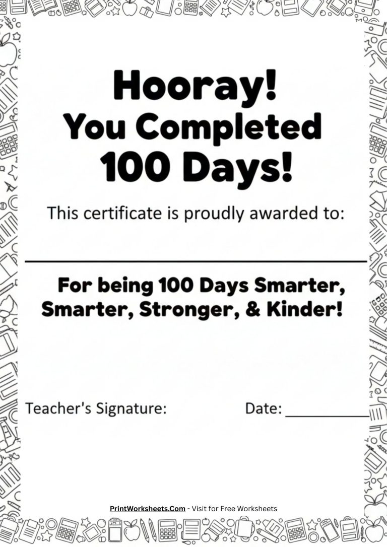 100th Day of School certificate printable for kids