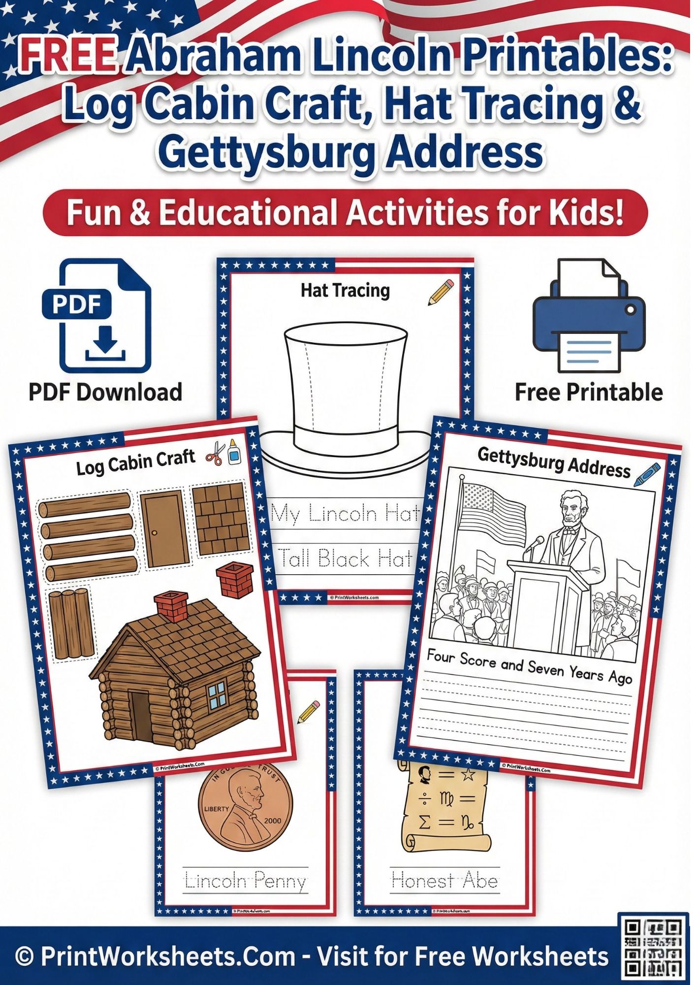 Presidents Day Worksheets Worksheet - Free Abraham Lincoln Worksheets PDF: Log Cabin Craft & Hat Tracing | Free Printable