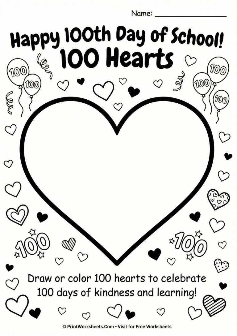 100th Day of School heart coloring page for kids