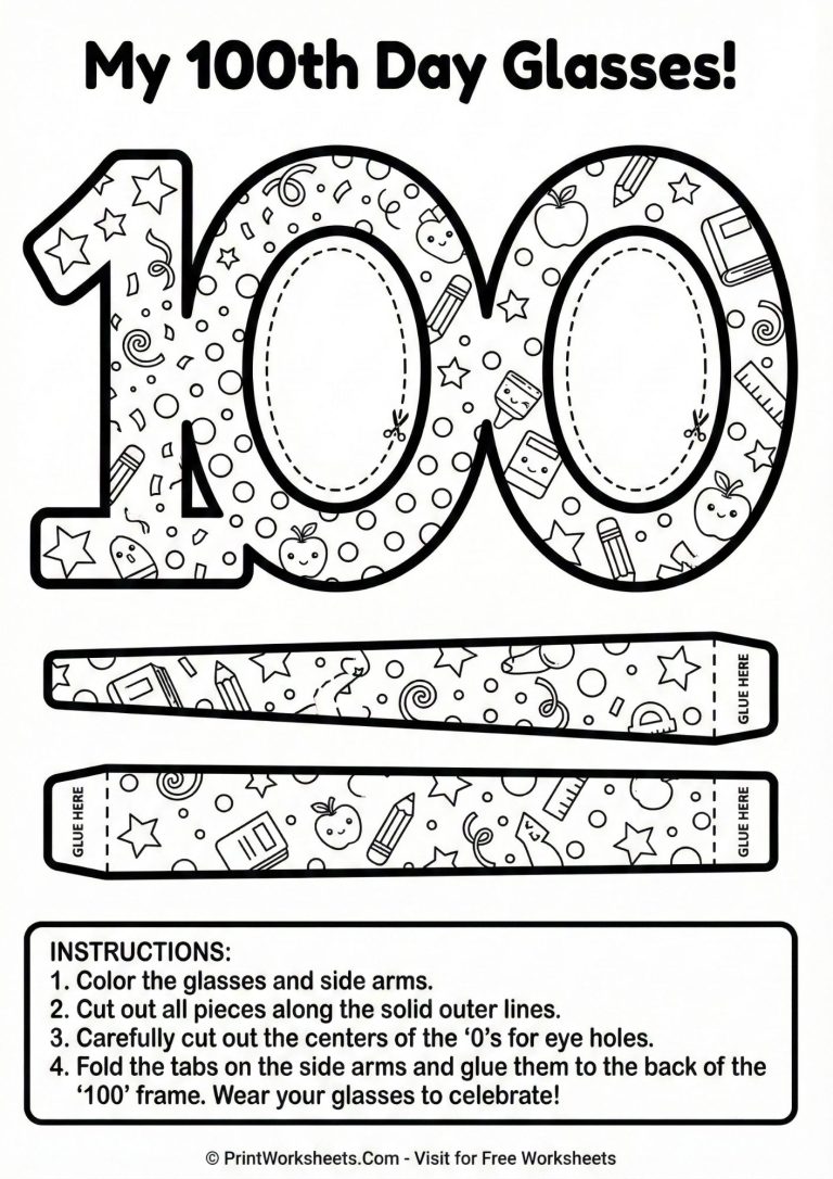 My 100th Day glasses craft printable for kids