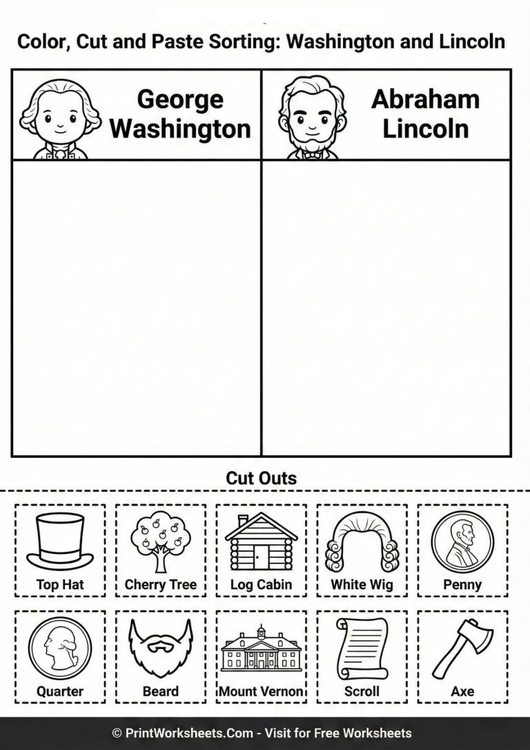 Presidents Day sorting worksheet for kindergarten featuring cute cartoon Washington and Lincoln. Kids cut and paste items like cherry tree, axe, log cabin, and wig.