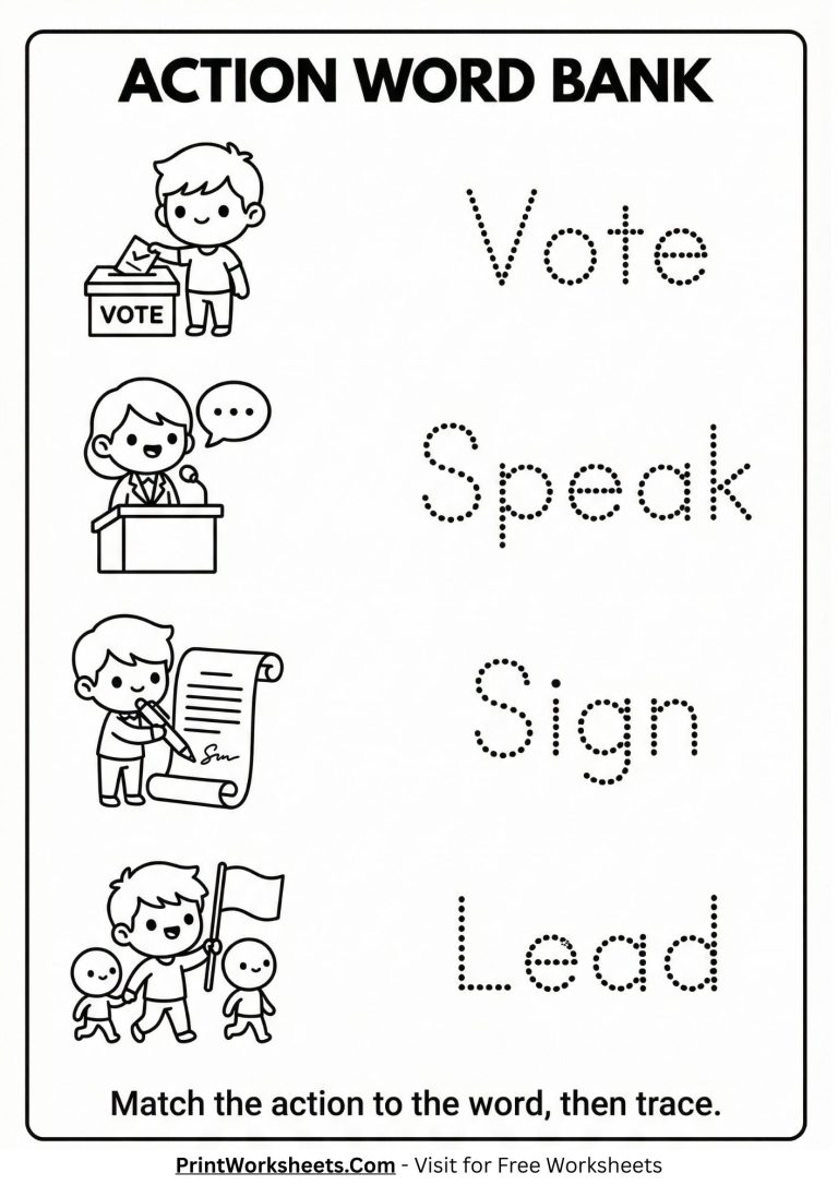 presidents-day-word-bank-verbs-action-match Free Presidents Day Opinion Writing Prompts & Sentence Starters (K-1 PDF) - Page 3 of 16