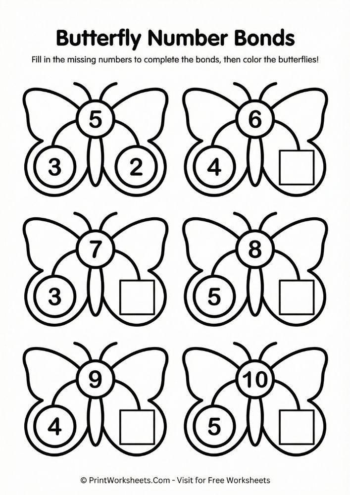 spring-math-butterfly-bonds-worksheet Number bonds are a crucial core curriculum requirement for kindergarten.