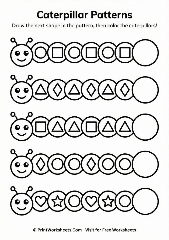 spring-math-caterpillar-patterns Recognizing and completing AB and ABB patterns using shapes on a caterpillar.