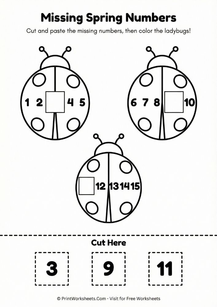 spring-math-cut-paste-numbers-worksheet Combines math sequencing (missing numbers) with fine motor skills (scissors/glue).