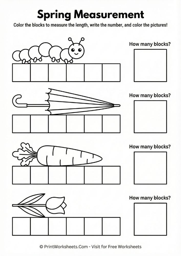 spring-math-measurement-worksheet Non-standard measurement using visual blocks, a staple of early years math.
