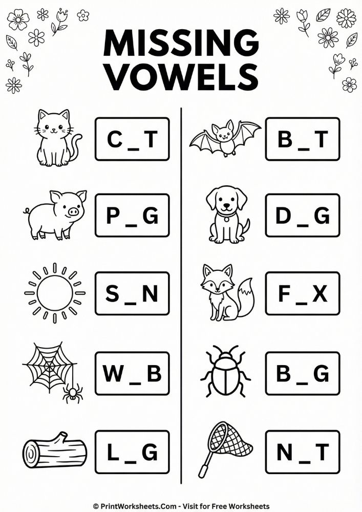 spring missing vowels flowers worksheet