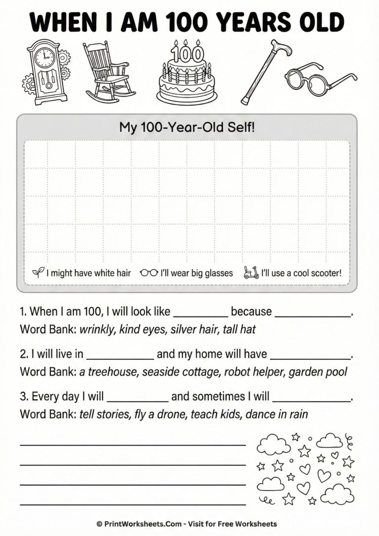 When I am 100 years old creative writing and drawing worksheet