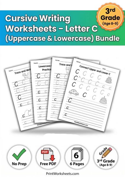 Cursive Letter C Worksheet Free Printable: 3rd Grade PDF