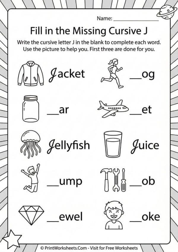 Cursive J Worksheet PDF – Free Handwriting Practice