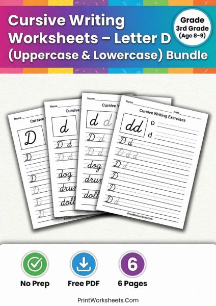 Cursive Letter D Worksheet Free Printable: Practice PDF