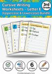 Cursive writing letter E uppercase and lowercase worksheet cover A4 printable.