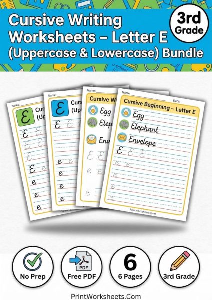 Cursive Letter E Worksheet Free Printable Practice PDF
