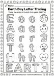 Earth Day letter tracing worksheet for preschool teaching alphabet letters E-T-R-L-P-W-S-C with environmental words and kawaii icons for PreK writing skills