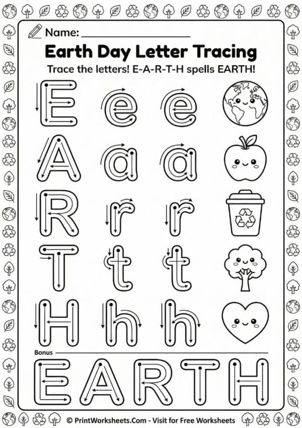 Free Earth Day Tracing Worksheets for Preschool PDF