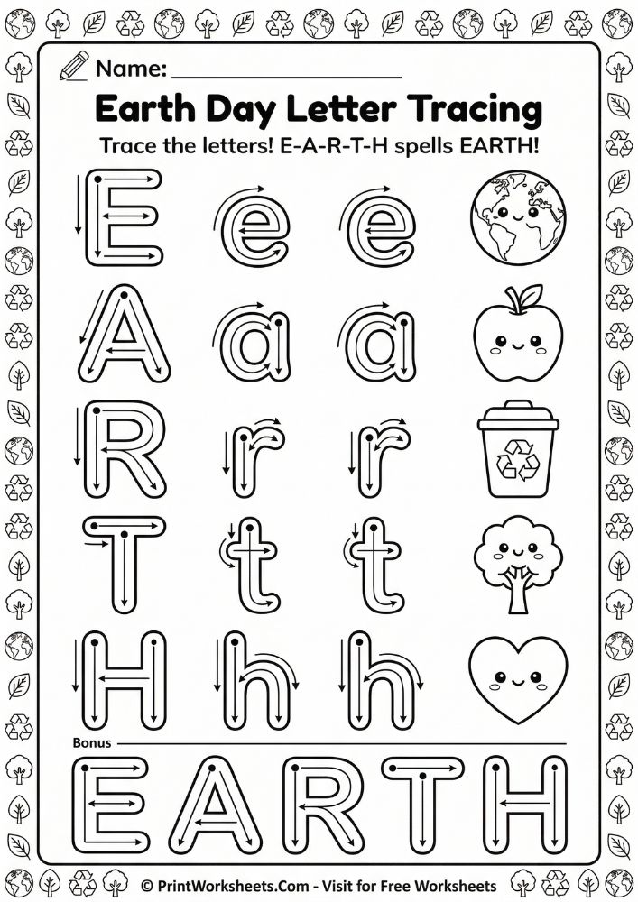 Earth Day letter tracing worksheet for preschool teaching alphabet letters E-T-R-L-P-W-S-C with environmental words and kawaii icons for PreK writing skills
