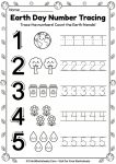 Earth Day number tracing worksheet for preschool teaching numbers 1-5 with counting practice featuring Earth globes, trees, recycling bins for PreK math skills