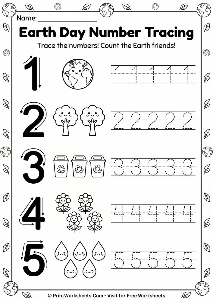 Earth Day number tracing worksheet for preschool teaching numbers 1-5 with counting practice featuring Earth globes, trees, recycling bins for PreK math skills