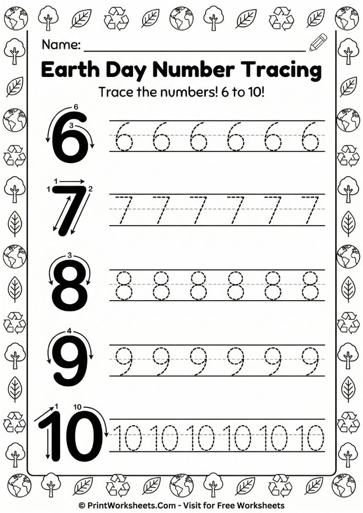 Earth Day number tracing worksheet for preschool teaching numbers 1-5.