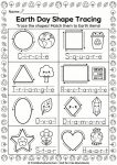 Earth Day shape tracing worksheet for preschool teaching circle, square, triangle, rectangle, oval, diamond, star, heart with environmental icons for PreK geometry