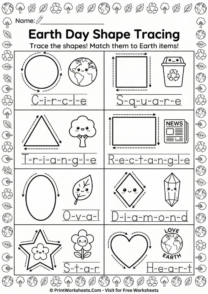 Earth Day shape tracing worksheet for preschool teaching circle, square, triangle, rectangle, oval, diamond, star, heart with environmental icons for PreK geometry