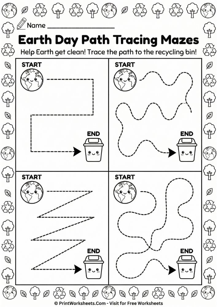 Earth Day trace and color worksheet for preschool combining tracing practice with coloring featuring Earth, tree, recycling bin, flower for PreK fine motor skills