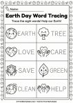 "alt_text": "Earth Day word tracing worksheet for preschool teaching sight words EARTH, TREE, LOVE, CARE, SAVE, GREEN, CLEAN, HELP with kawaii icons for PreK writing.