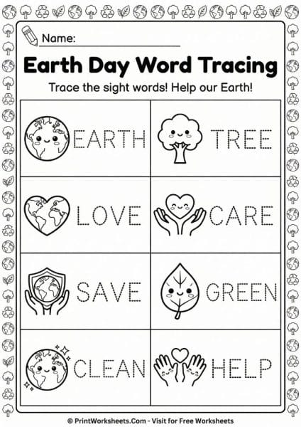 Free Earth Day Tracing Worksheets for Preschool PDF