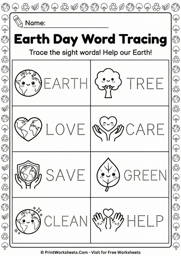 "alt_text": "Earth Day word tracing worksheet for preschool teaching sight words EARTH, TREE, LOVE, CARE, SAVE, GREEN, CLEAN, HELP with kawaii icons for PreK writing.