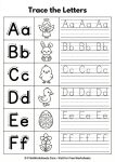 Easter alphabet letter tracing worksheets preschool A-E with bunny chick duck egg angel illustrations black white printable