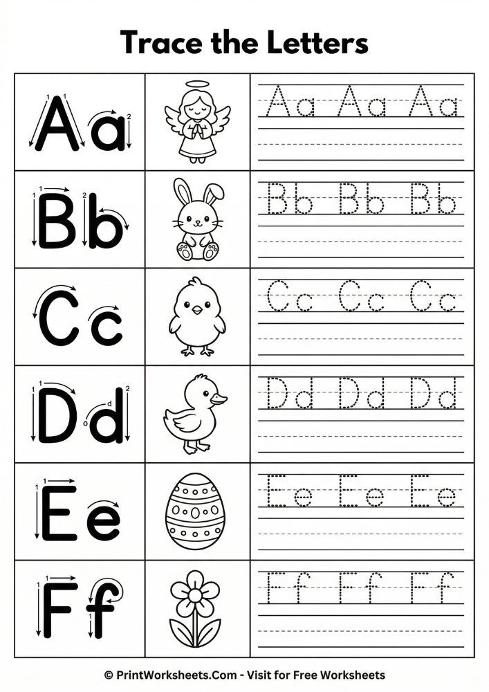 Easter alphabet letter tracing worksheets preschool A-E with bunny chick duck egg angel illustrations black white printable
