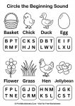 Easter beginning sounds phonics worksheet preschool circle correct letter basket chick duck egg flower grass hen printable