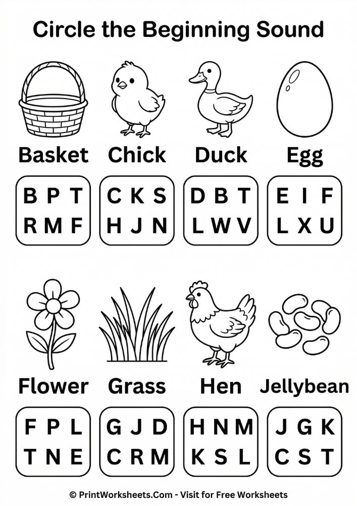 Easter beginning sounds phonics worksheet preschool circle correct letter basket chick duck egg flower grass hen printable