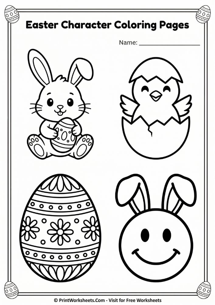 easter character coloring sheet bunny, chicken, egg, bunny