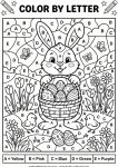 Easter color by letter worksheet preschool bunny eggs chicks flowers alphabet recognition coloring activity printable