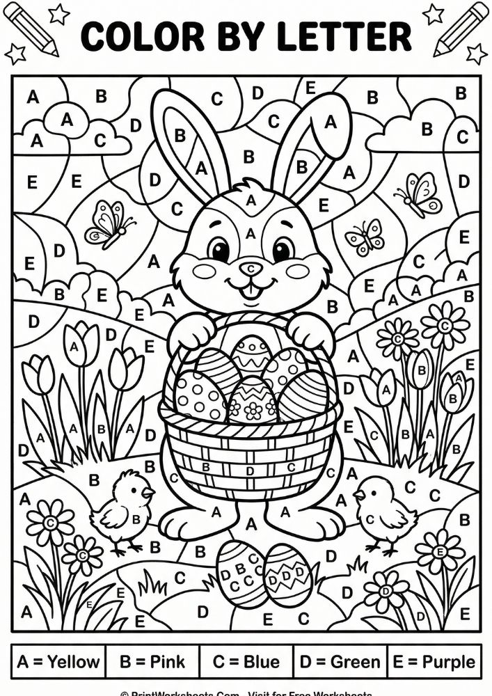 Easter color by letter worksheet preschool bunny eggs chicks flowers alphabet recognition coloring activity printable